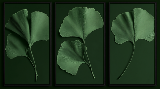 Papier peint tableau imitation feuilles Élégantes feuilles de ginkgo sur fond vert profond