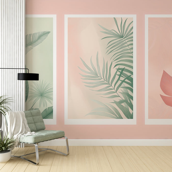 Papier peint tableau imitation | Feuilles tropicales délicates sur fond pastel