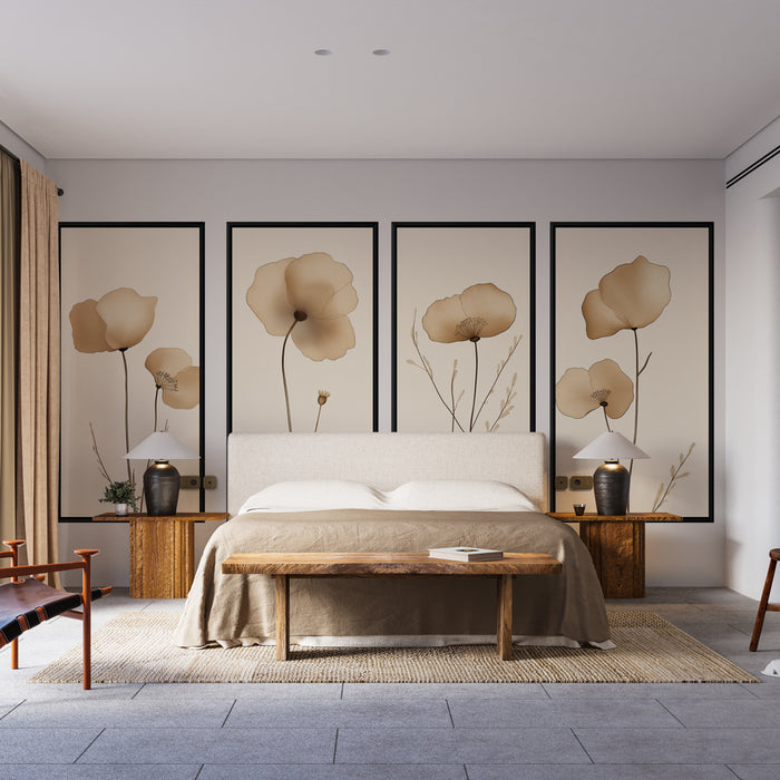 Une chambre moderne avec un papier peint floral beige aux motifs délicats de coquelicots, créant une atmosphère douce et apaisante.