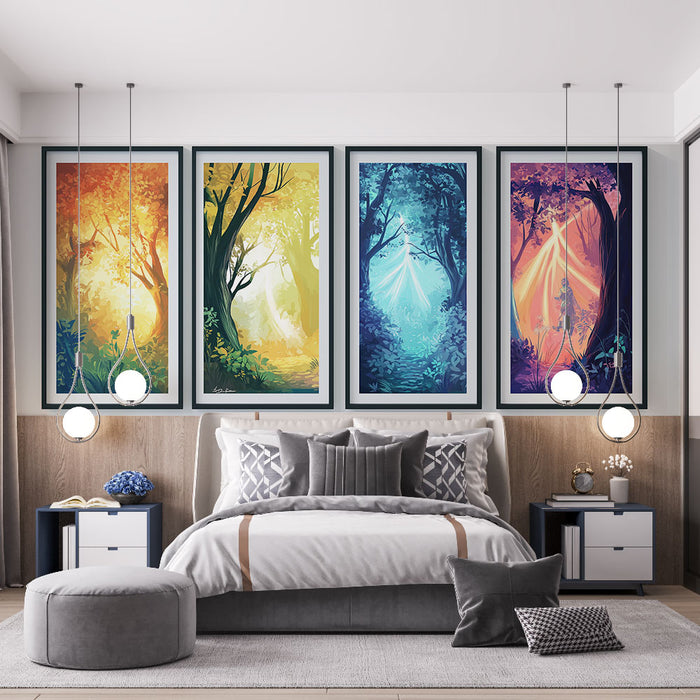 Une chambre moderne avec un papier peint illustratif représentant des paysages forestiers colorés, créant une ambiance sereine et poétique.