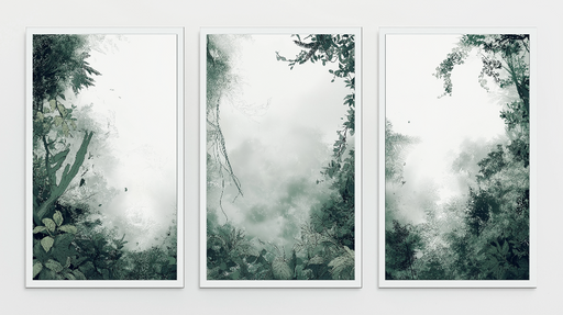 Papier peint tableau imitation forêt tropicale Ambiance mystique et verdoyante avec un jeu de brume subtile