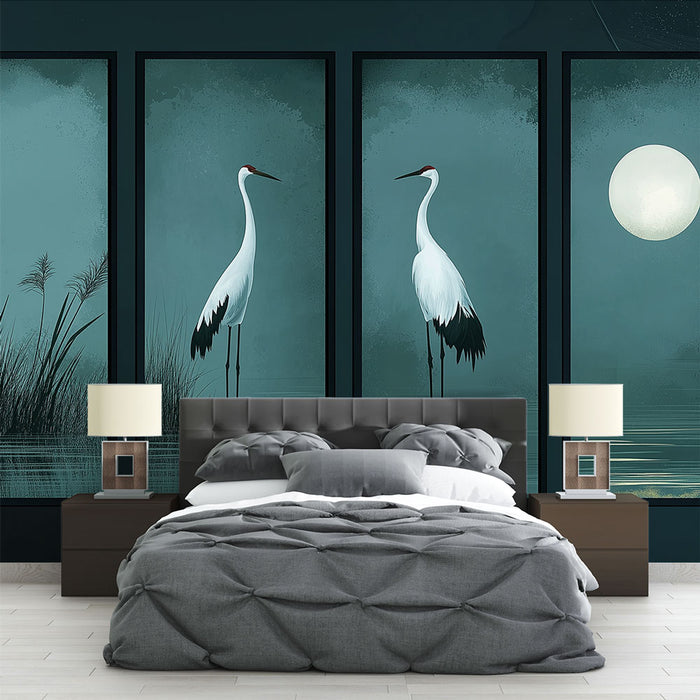 Une chambre moderne avec un papier peint représentant des grues blanches sur fond bleu-vert, créant une ambiance sereine et poétique.