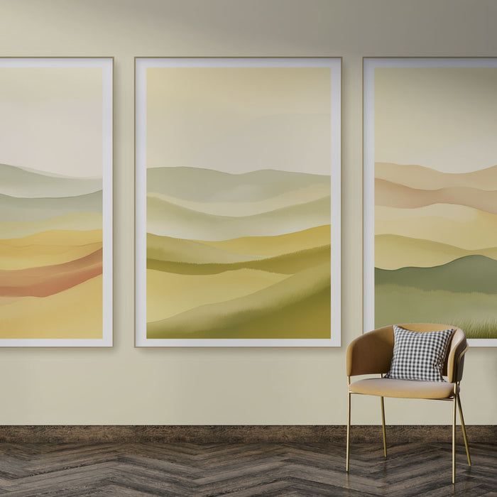 Une pièce moderne avec un papier peint aux dégradés de verts et de jaunes évoquant des paysages doux et apaisants, créant une ambiance sereine.