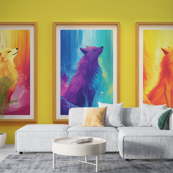 Un salon moderne avec un papier peint jaune vif, mettant en valeur des illustrations de renards colorés qui apportent une ambiance dynamique et artistique.