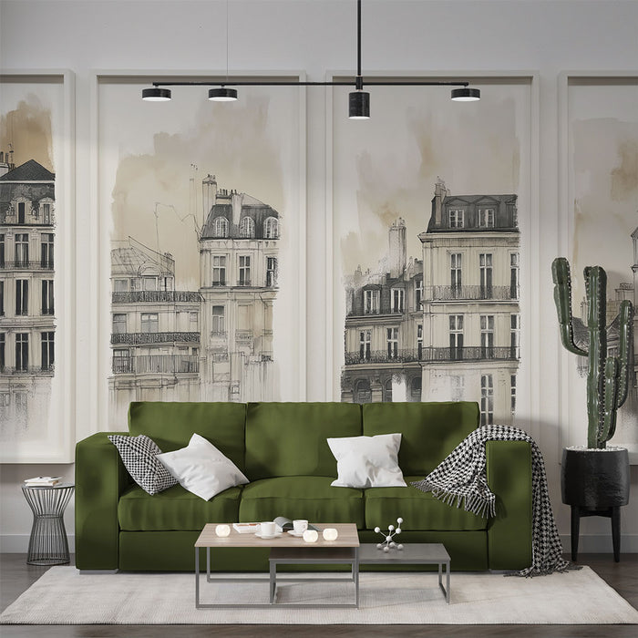Un salon moderne avec un papier peint représentant des façades de bâtiments en noir et blanc, évoquant une ambiance urbaine et artistique.