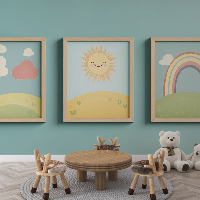 Une chambre d'enfant avec un papier peint bleu clair, agrémenté de motifs ludiques de soleil et d'arc-en-ciel, créant une ambiance joyeuse et chaleureuse.
