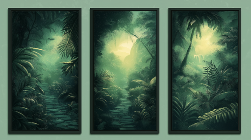 Papier peint tableau imitation jungle Évasion tropicale avec lumière dorée