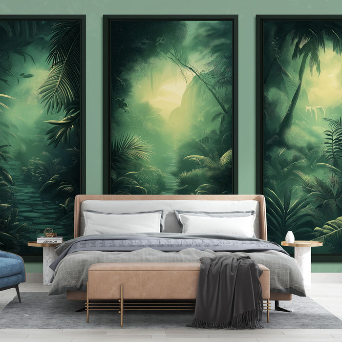 Une chambre moderne avec un papier peint tropical représentant une jungle luxuriante aux nuances de vert, créant une atmosphère apaisante et immersive.