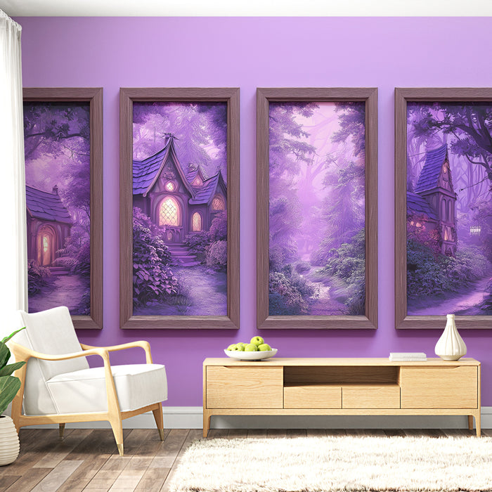 Une pièce moderne avec un papier peint illustrant des maisons féeriques dans des tons violets, créant une atmosphère magique et rêveuse.