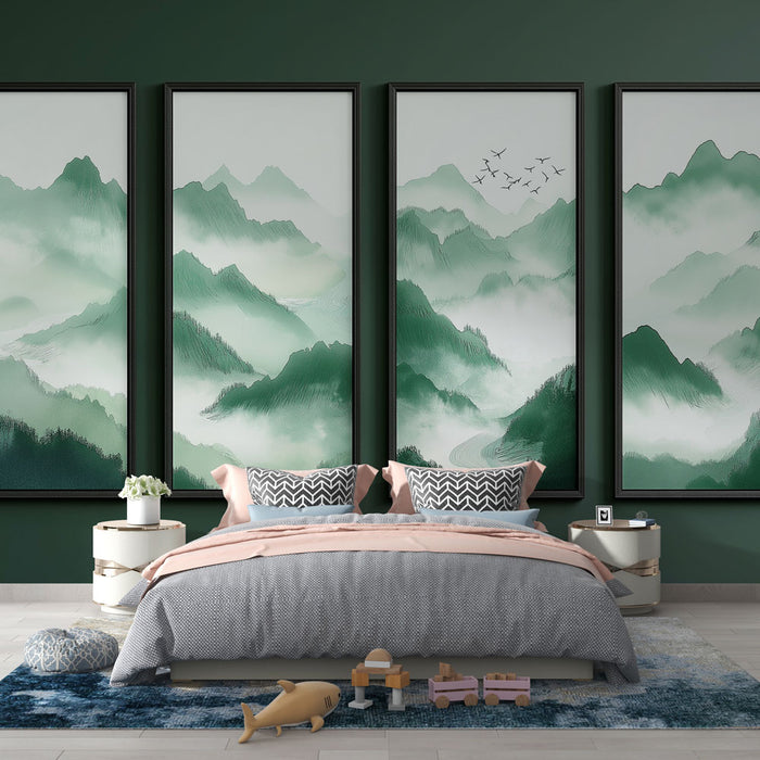 Papier peint tableau imitation montagne | Paysages brumeux en dégradé de verts