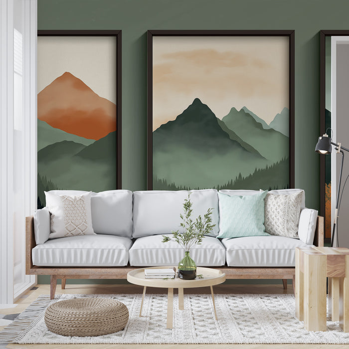 Un salon moderne avec un papier peint vert forêt agrémenté de tableaux représentant des montagnes aux teintes douces, créant une ambiance apaisante et naturelle.