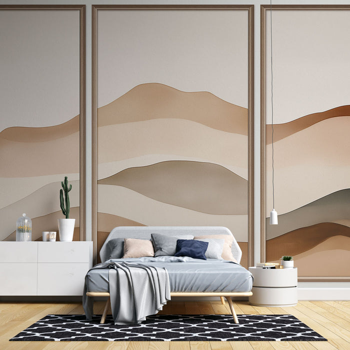 Une chambre moderne avec un papier peint aux ondulations douces dans des teintes beige et marron, créant une atmosphère apaisante et chaleureuse.