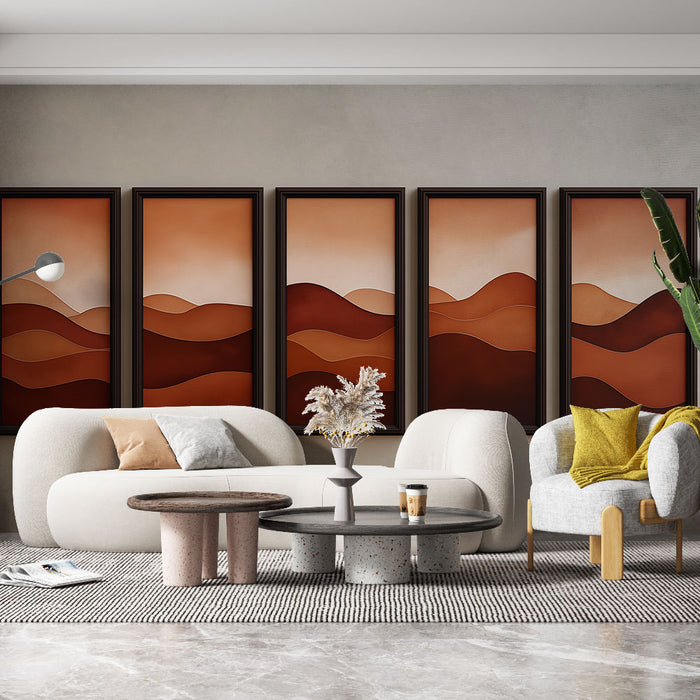 Un salon contemporain avec un papier peint aux nuances de terre, représentant des ondulations douces dans des tons chauds de rouge et d'orange, créant une atmosphère chaleureuse et accueillante.