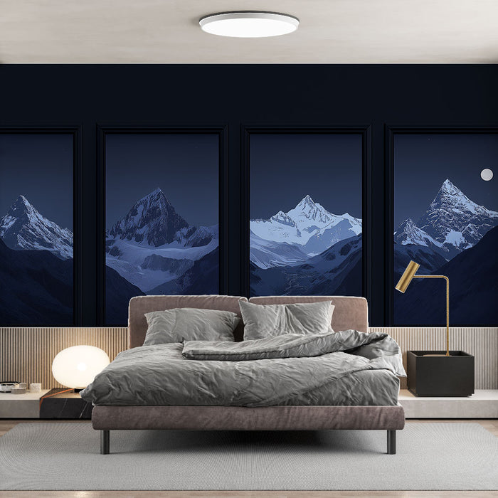 Une chambre moderne avec un papier peint représentant des montagnes enneigées sous un ciel nocturne, créant une atmosphère apaisante et contemplative.