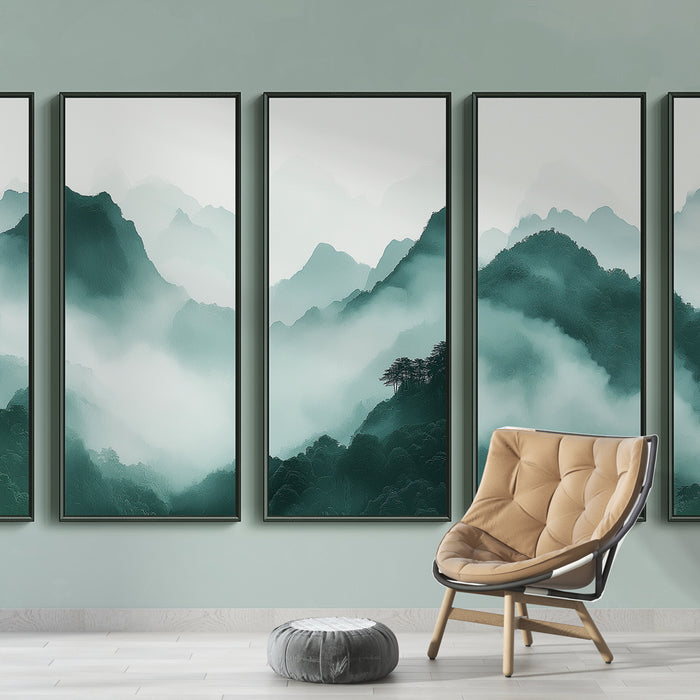 Une pièce moderne avec un papier peint représentant des montagnes brumeuses en dégradés de vert et de bleu, créant une atmosphère apaisante et contemplative.