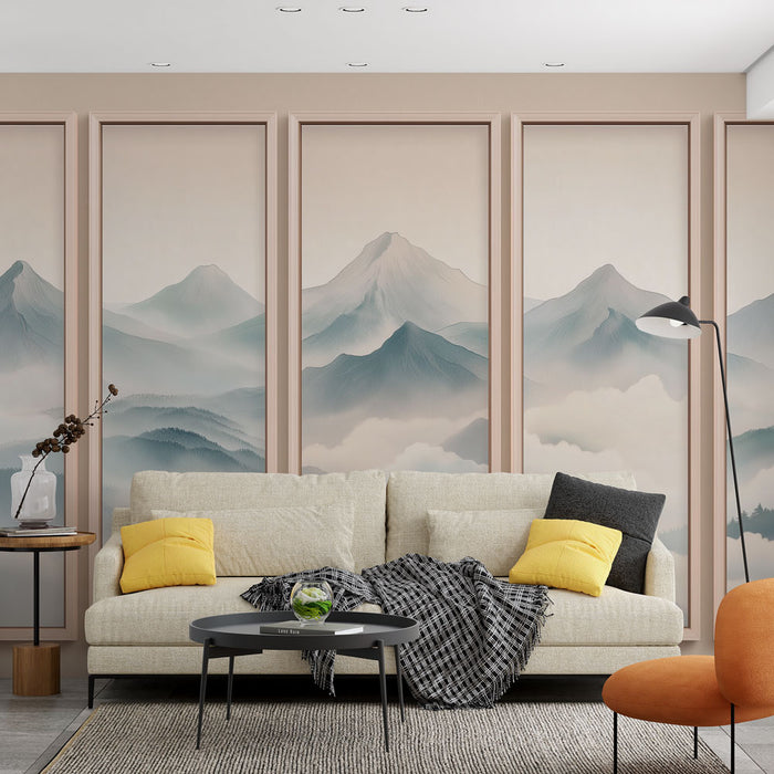 Un salon moderne avec un papier peint représentant des montagnes dans des teintes douces de bleu et beige, créant une atmosphère apaisante et élégante.