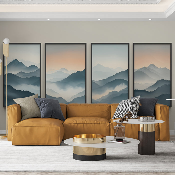 Papier peint tableau imitation montagnes | Paysage de montagnes en dégradé bleu et beige