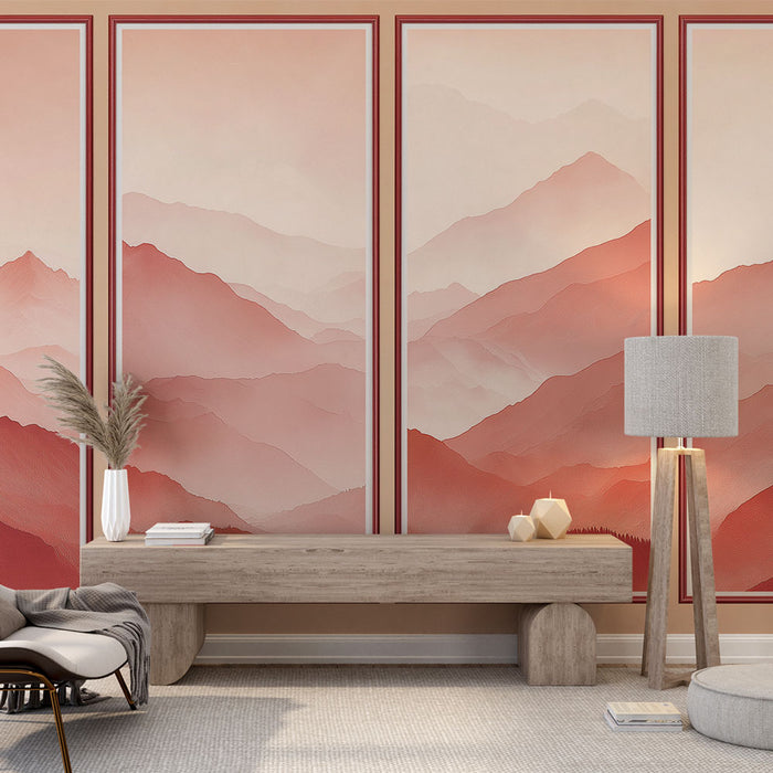 Une pièce moderne avec un papier peint représentant des montagnes aux nuances de rose et de rouge, créant une atmosphère douce et apaisante.
