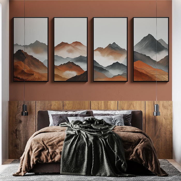 Une chambre moderne avec un papier peint en tons terreux représentant des montagnes stylisées, créant une ambiance chaleureuse et apaisante.