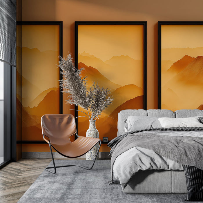 Une chambre moderne avec un papier peint représentant des montagnes aux teintes orangées et douces, créant une atmosphère chaleureuse et apaisante.