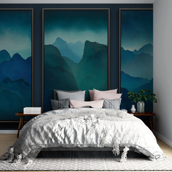 Papier peint tableau imitation montagnes | Paysage montagneux en dégradés de bleu