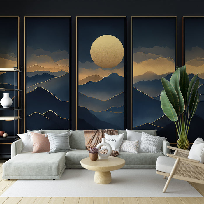 Un salon contemporain avec un papier peint représentant des montagnes stylisées en nuances de bleu et or, créant une atmosphère apaisante et élégante.