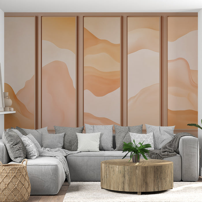Un salon moderne avec un papier peint aux nuances douces de beige et rose, évoquant des formes ondulées qui apportent une atmosphère apaisante et chaleureuse.