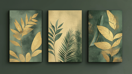 Papier peint tableau imitation Motifs de feuillage doré sur fond vert