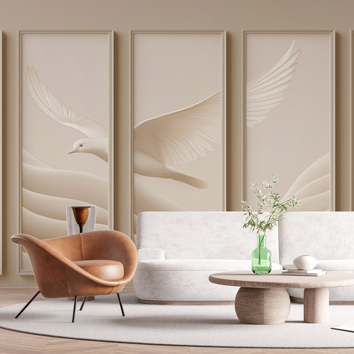 Un salon élégant avec un papier peint texturé beige représentant un oiseau en vol, créant une atmosphère apaisante et minimaliste.