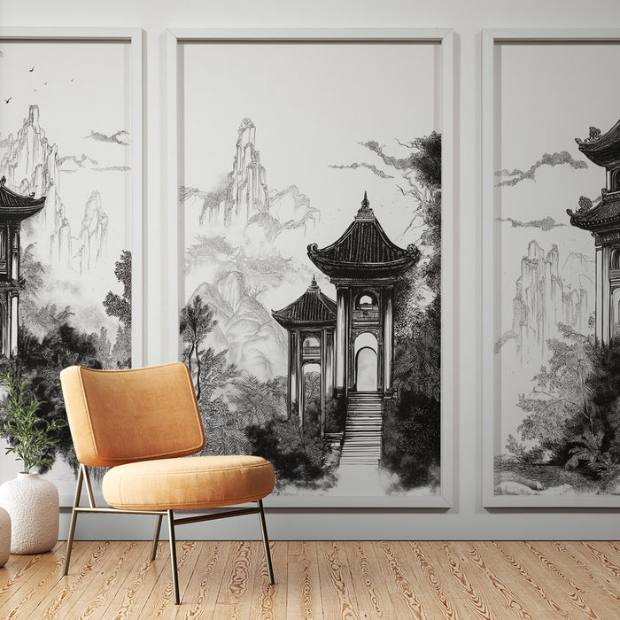 Une pièce moderne avec un papier peint oriental en noir et blanc représentant des pagodes et des montagnes, créant une ambiance zen et apaisante.