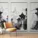 Une pièce moderne avec un papier peint oriental en noir et blanc représentant des pagodes et des montagnes, créant une ambiance zen et apaisante.
