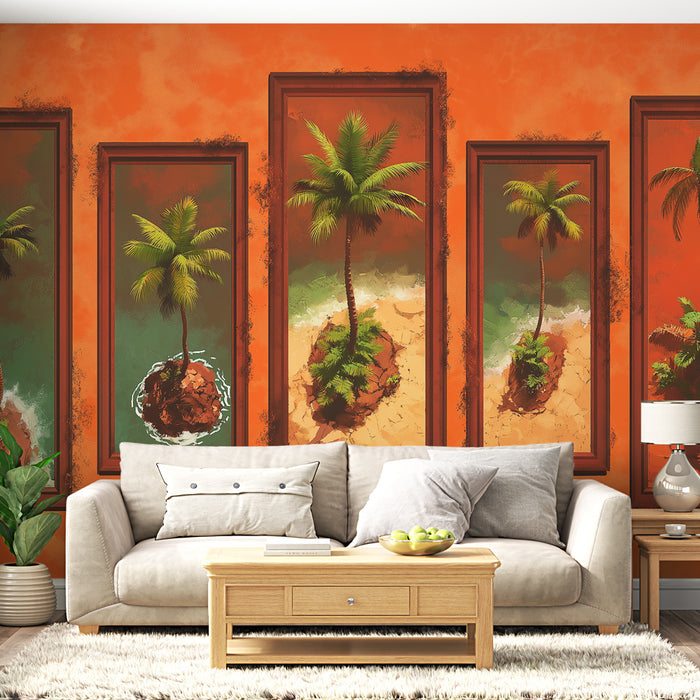 Papier peint tableau imitation palmiers | Cinq îles tropicales aux teintes chaudes
