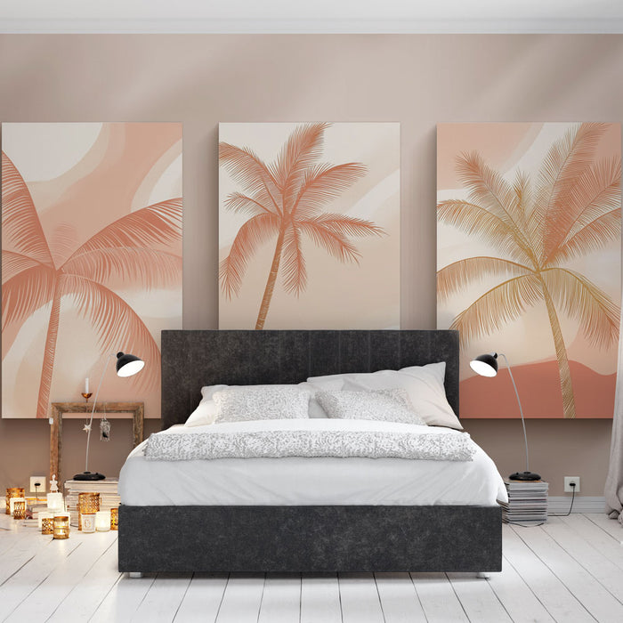 Une chambre moderne avec un papier peint représentant des palmiers dans des teintes douces de rose et beige, créant une atmosphère apaisante et tropicale.