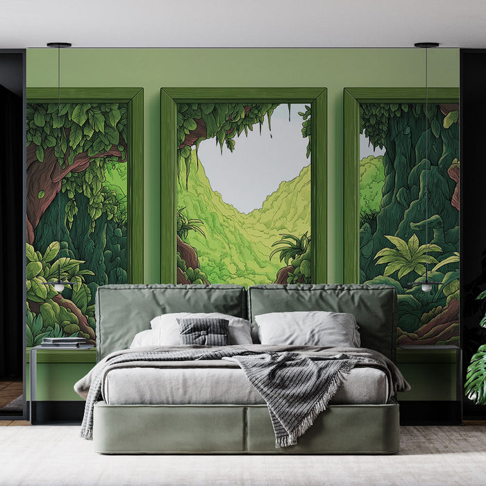 Une chambre moderne avec un papier peint représentant une jungle luxuriante, aux teintes vertes vibrantes et aux motifs détaillés, créant une atmosphère apaisante et immersive.