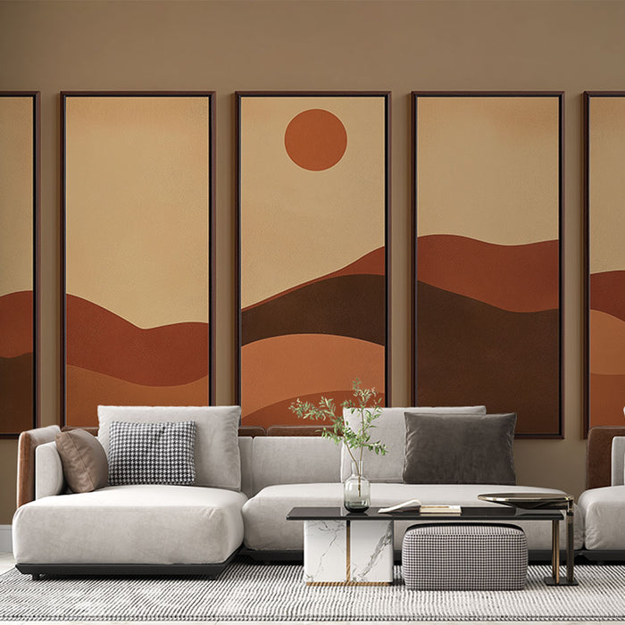 Un salon moderne avec un papier peint aux formes abstraites dans des teintes terreuses, évoquant une ambiance chaleureuse et apaisante.