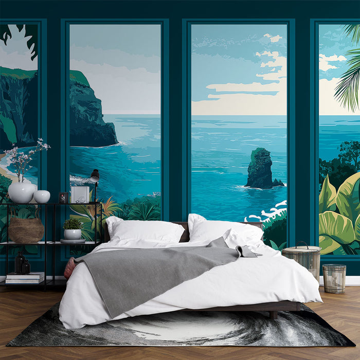 Une chambre moderne avec un papier peint tropical représentant des paysages marins stylisés en nuances de bleu et vert, créant une ambiance apaisante et rafraîchissante.