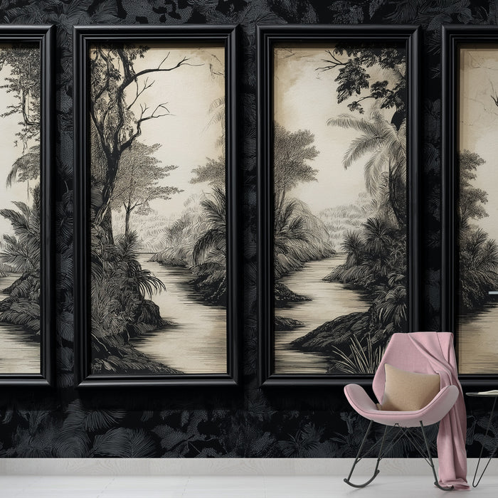 Une salle de séjour élégante avec un papier peint représentant des paysages exotiques en noir et blanc, encadrés de noir, créant une atmosphère sophistiquée et apaisante.