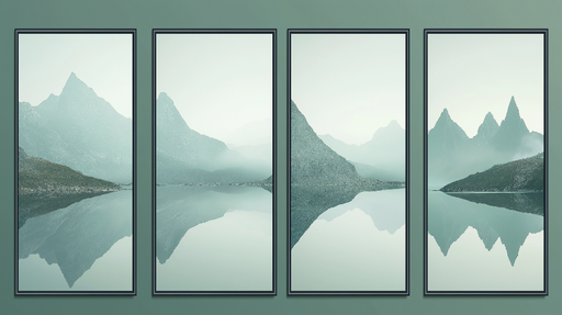 Papier peint tableau imitation paysage de montagne Reflets apaisants dans des tons gris-verts