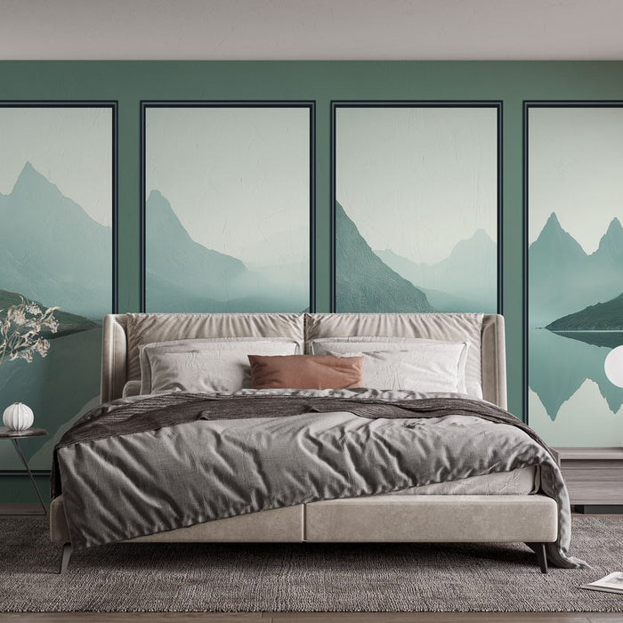 Une chambre moderne avec un papier peint représentant des montagnes en dégradé de vert et bleu, créant une atmosphère apaisante et naturelle.