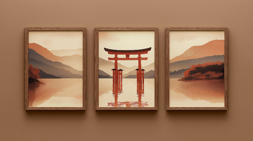 Papier peint tableau imitation Paysage de montagnes au crépuscule avec torii en reflet