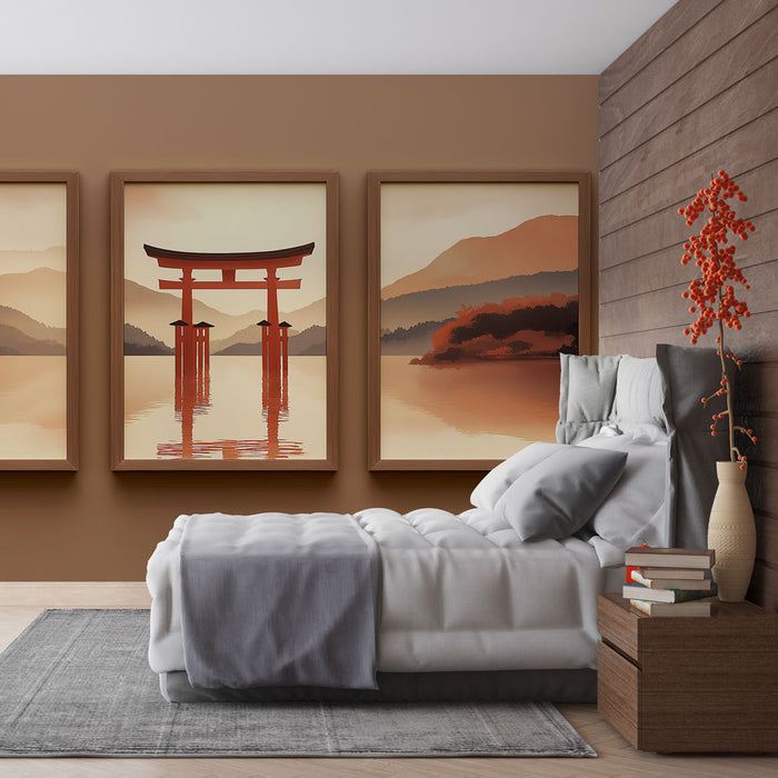 Une chambre apaisante avec un papier peint brun clair mettant en valeur des tableaux représentant un torii rouge sur fond de paysage montagneux.