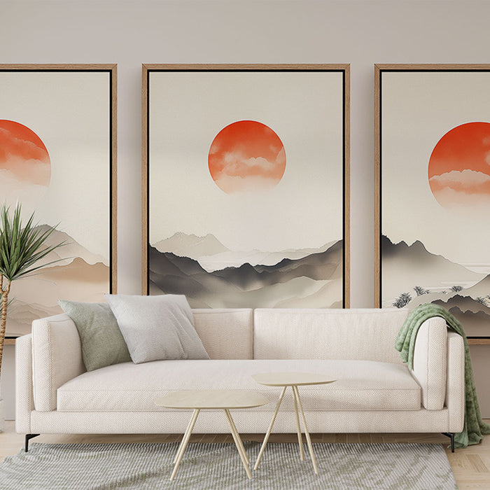 Papier peint tableau imitation | Paysage de montagnes avec soleil rouge