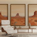 Un salon contemporain avec un papier peint représentant des paysages désertiques aux teintes ocres et terracotta, créant une atmosphère chaleureuse et apaisante.