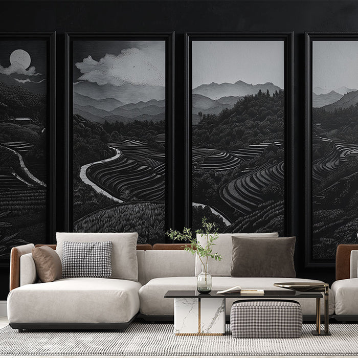 Un salon contemporain avec un papier peint représentant des paysages en noir et blanc, évoquant une atmosphère apaisante et artistique grâce à ses détails délicats.