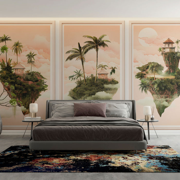 Papier peint tableau imitation paysage flottant | Îles luxuriantes et nuages roses