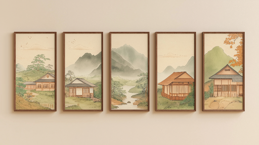Papier peint tableau imitation Paysage japonais apaisant avec maisons traditionnelles