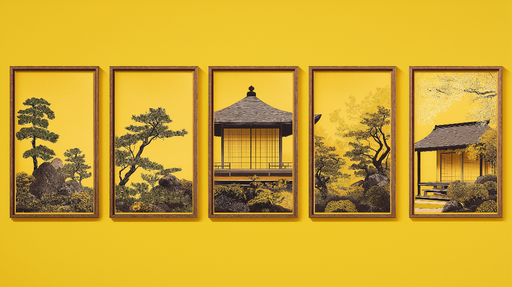 Papier peint tableau imitation Paysage japonais avec pavillon et végétation luxuriantes