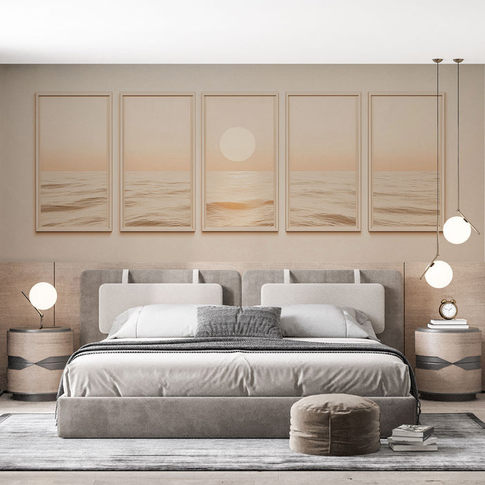 Une chambre moderne avec un papier peint aux teintes douces évoquant un coucher de soleil sur la mer, créant une atmosphère apaisante et chaleureuse.