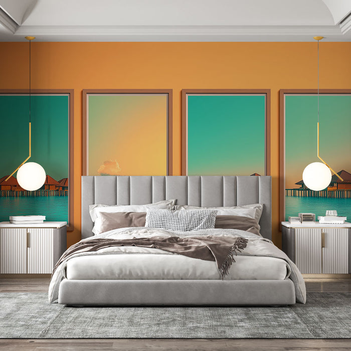 Une chambre moderne avec un papier peint orange chaleureux, créant une atmosphère accueillante et dynamique, agrémentée de tableaux évoquant des paysages marins apaisants.