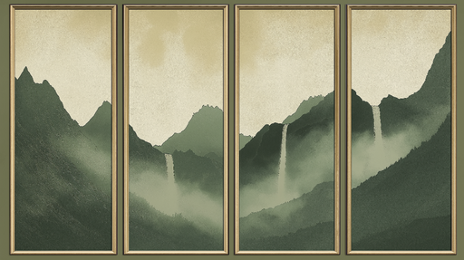 Papier peint tableau imitation paysage montagneux Cascades dans des teintes de vert